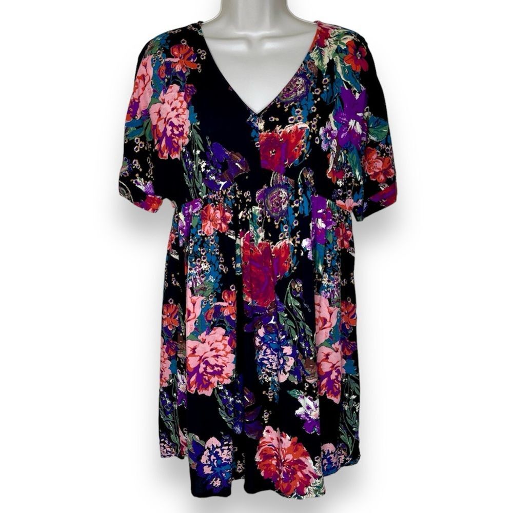Andree by Unit Savanna Jane Black Floral Babydoll V Neck Dress Women Small Boho